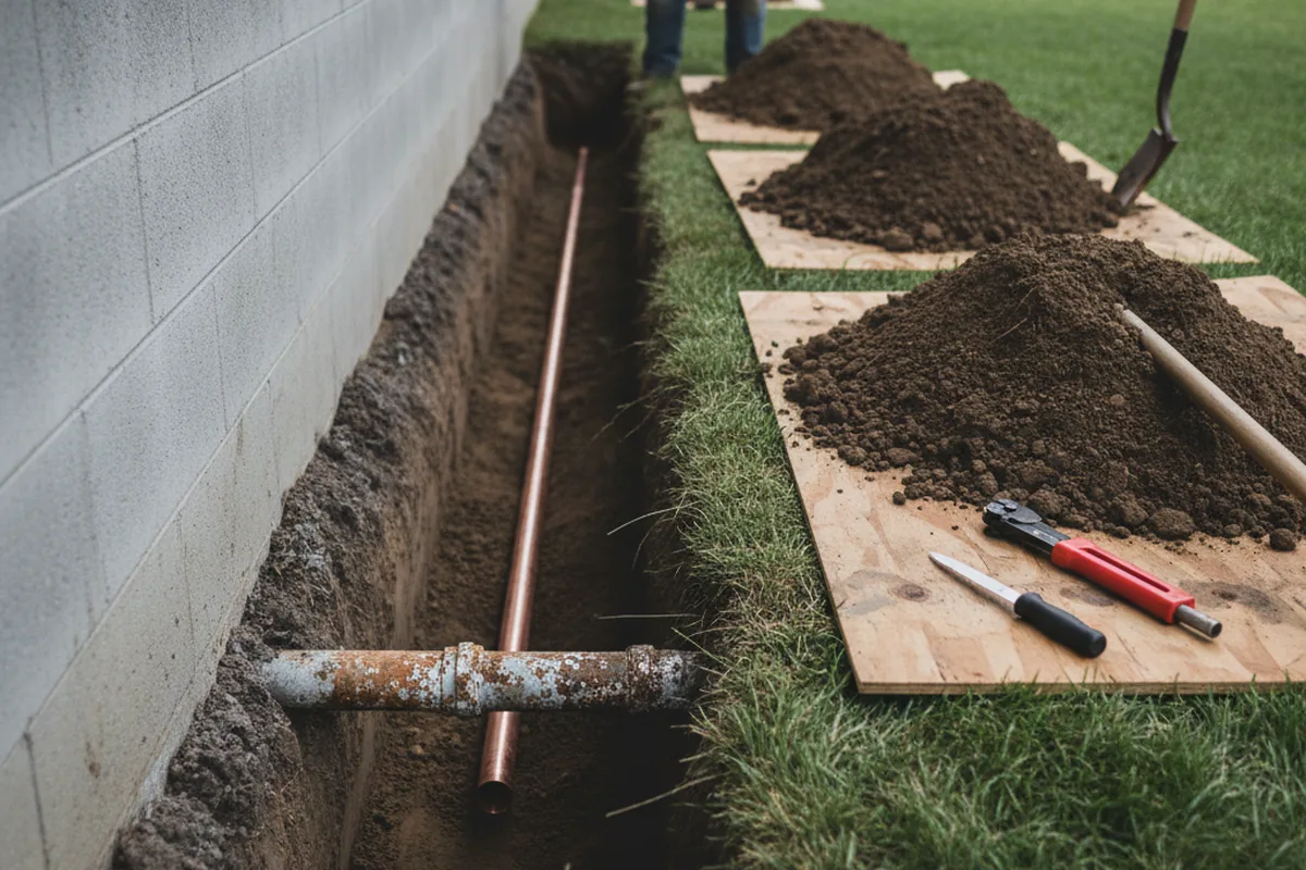 Excavated water line trench during Sewer Line Repair in Middlesex